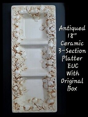 18" Ivory Antiqued Fruit Design 3-Section Ceramic Platter EUC With Original Box